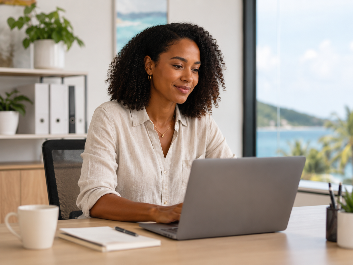 An operations manager working at a laptop in a St. Thomas office